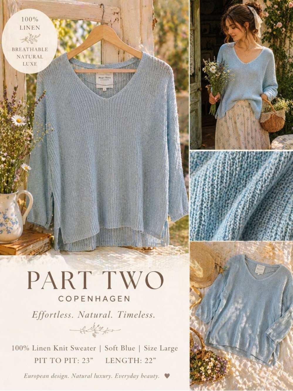 ✨ PART TWO Copenhagen 100% Linen Knit Sweater Coastal Cottagecore Minimalist  ✨